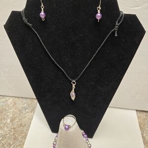 Silver and Purple Faux Pearl Necklace Set